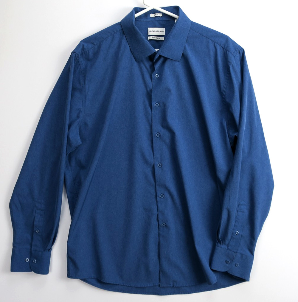 Lucky Brand Blue Button Down Shirt Mens Slim Fit 17 Business Casual Stretch